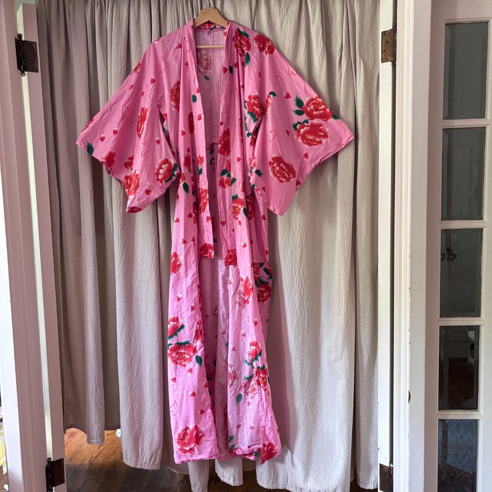 Vintage Elle Poem Japanese Cotton‎ Kimono Robe Pink Floral OS Long Duster